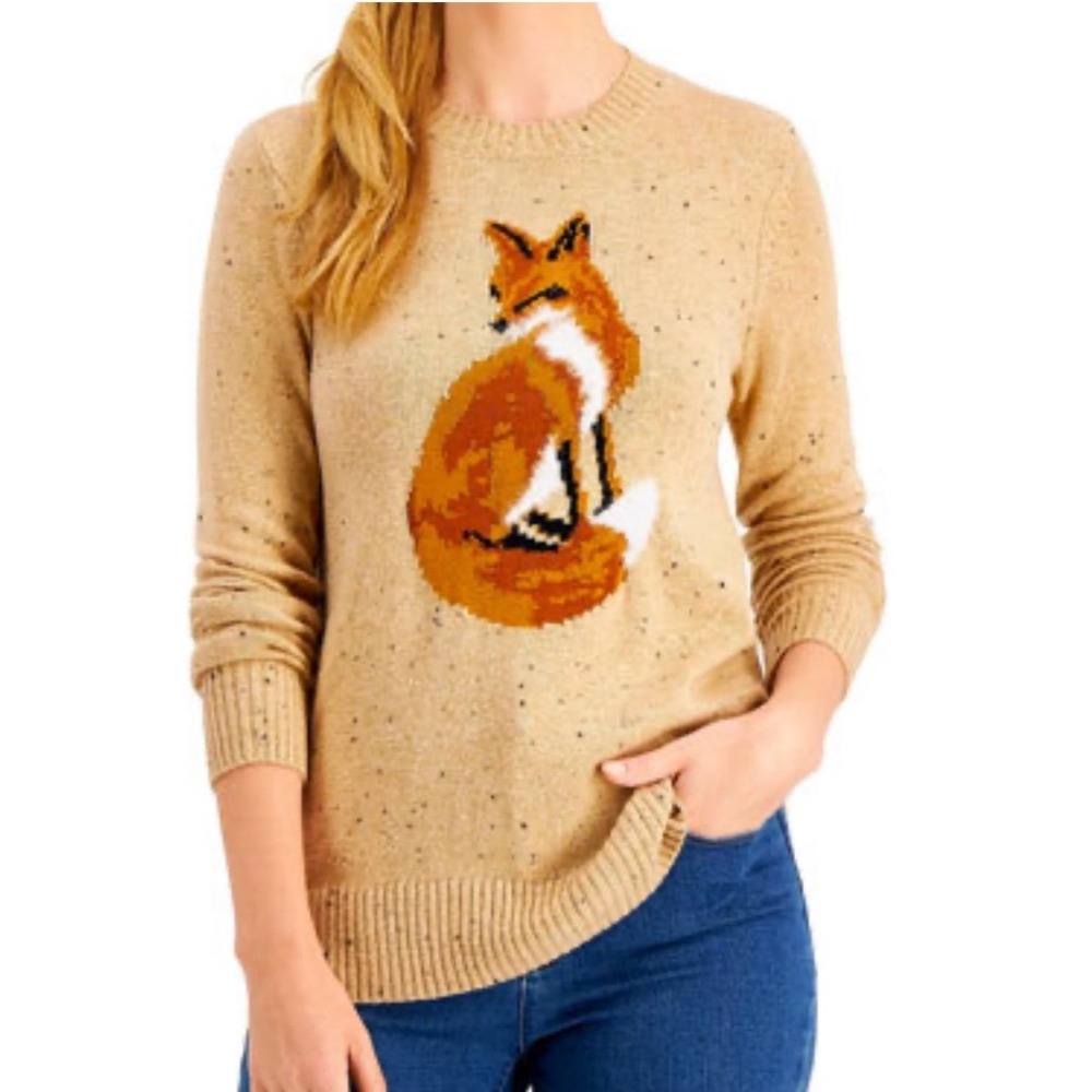 CharterClub Women Tan Fox Intarsia Cotton Blend Knit Sweater Large Oatmeal Fleck
